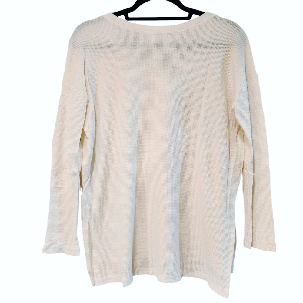 Women's Waffle Knit Long Sleeve V-Neck Loose Fit Shirt - Cream/White - Picture 3 of 7